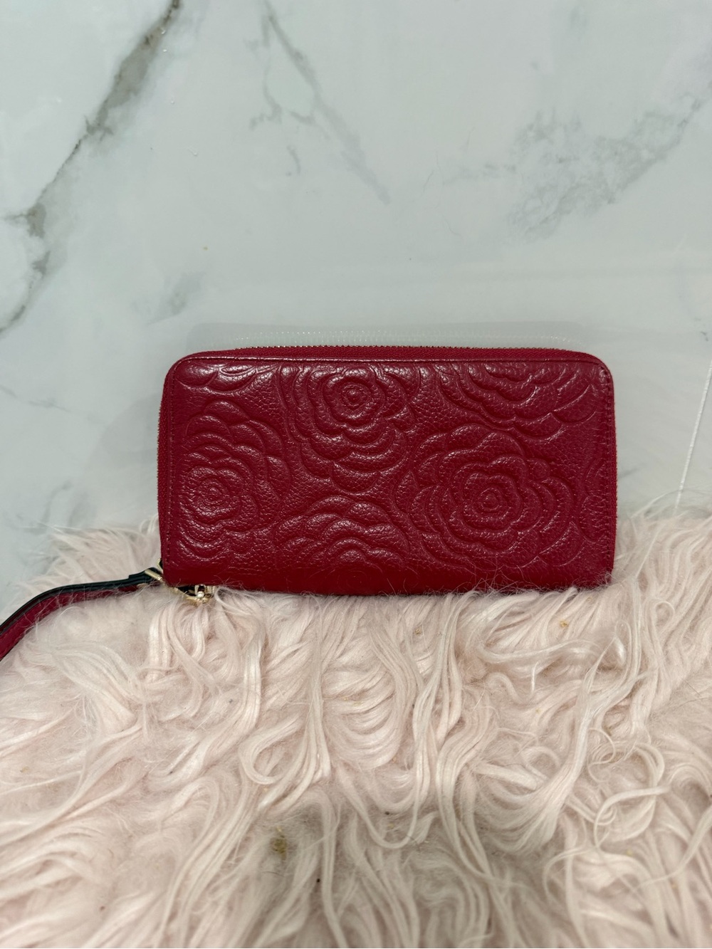 Red Bostanten Embossed Floral Zip-Around Wallet - Red leather